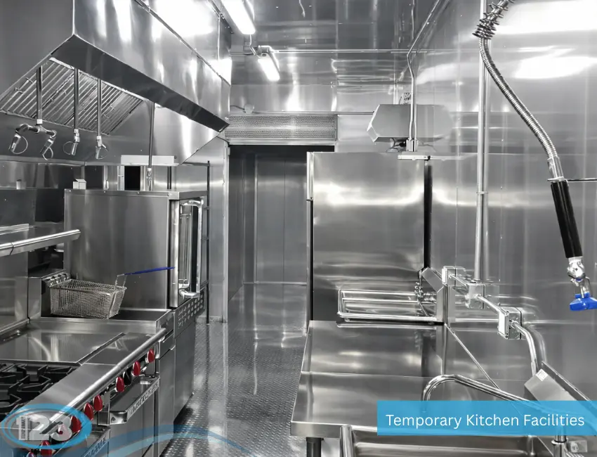 Spacious temporary kitchen facility with stainless steel sinks, prep tables, cooking equipment, and commercial ventilation system.